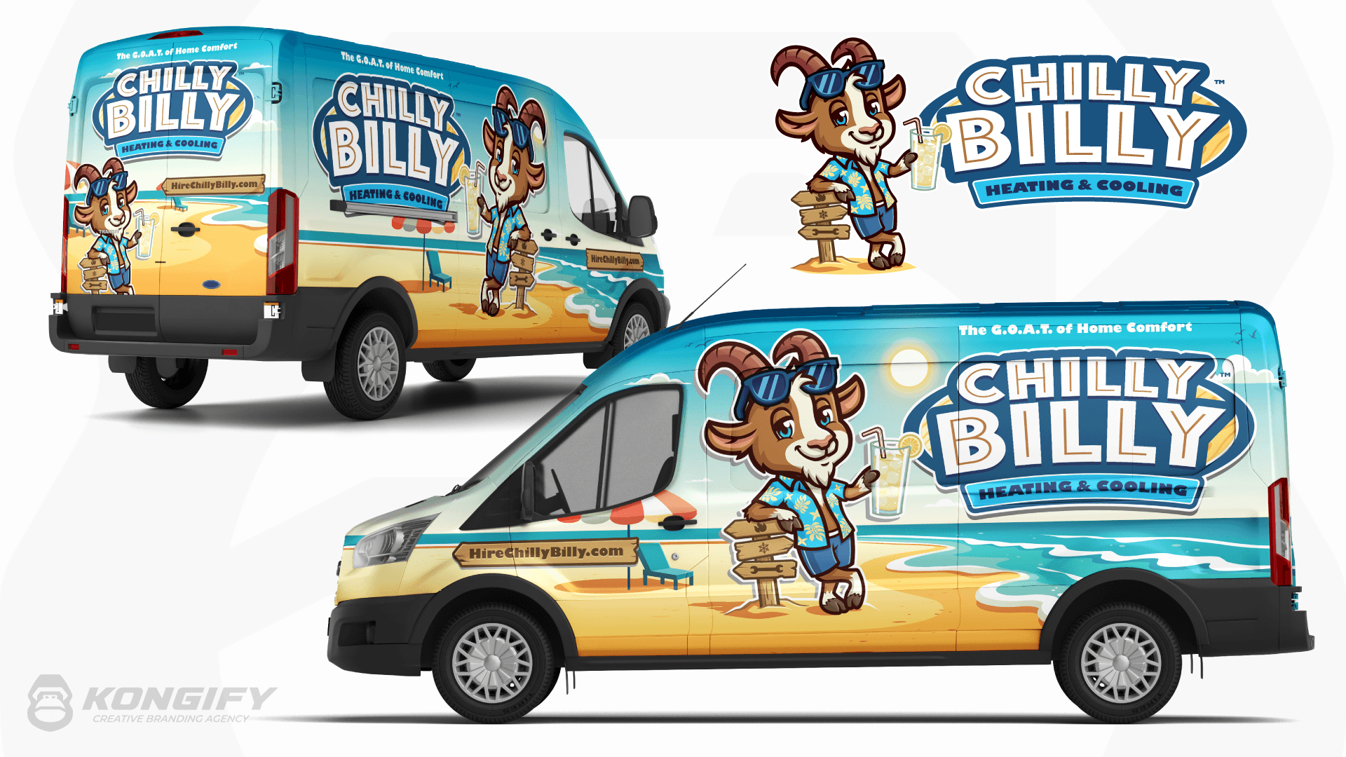Chilly Billy Heating and Cooling identity with goat mascot and coordinated turquoise vehicle wraps, designed by Kongify